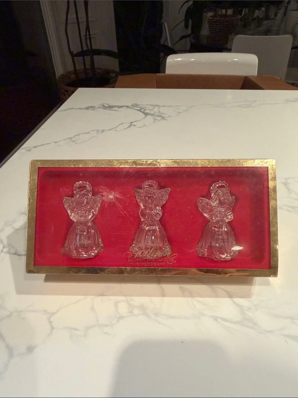 Gorham Set of 3 Crystal Angel Ornaments on Red Velvet Backing